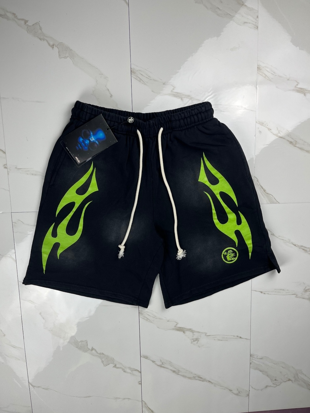 Black and Gray Shorts with Neon Green Flame Design and Drawc